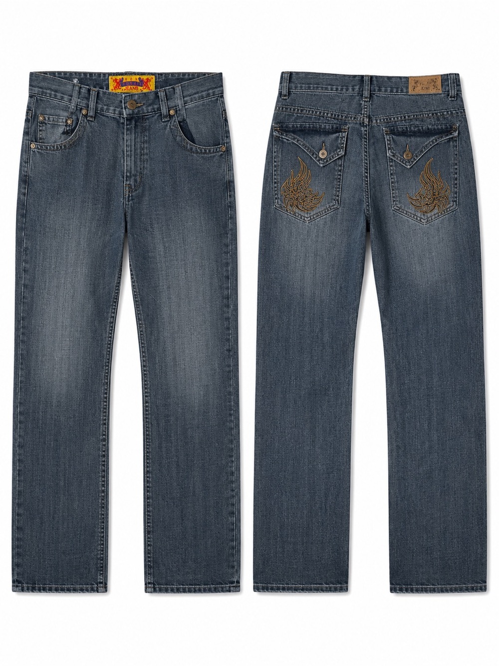 Men's Blue Straight-Leg Embroidered Pocket Jeans